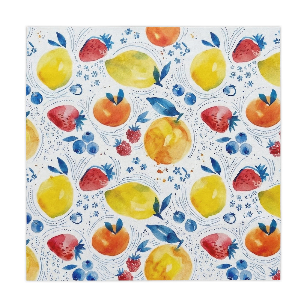 Fruit Watercolor Tablecloth — Bright Lemon Peach Berry Kitchen Dining Linen