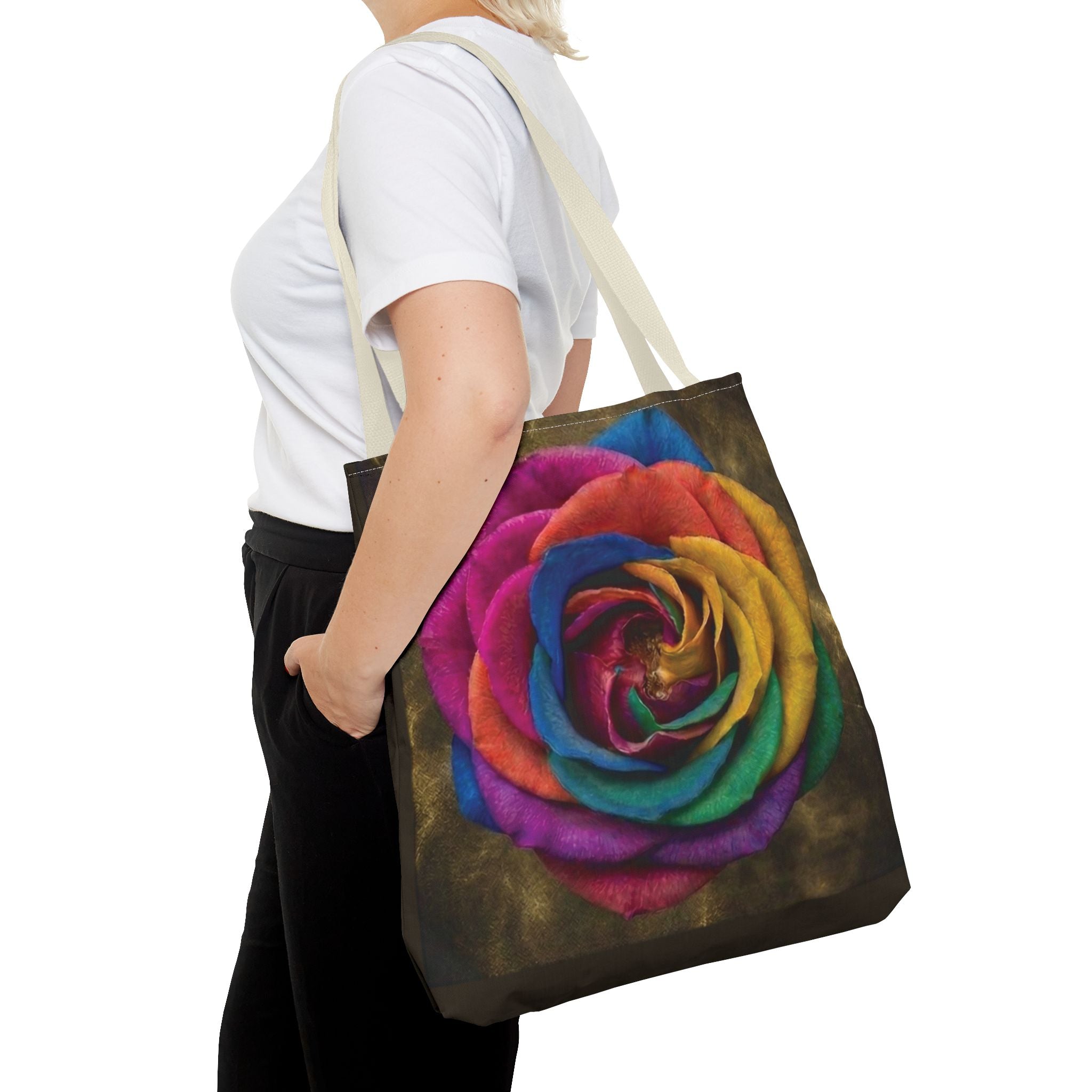 Rainbow Rose All-Over Print Tote Bag — Colourful Floral Canvas Shoulder Bag