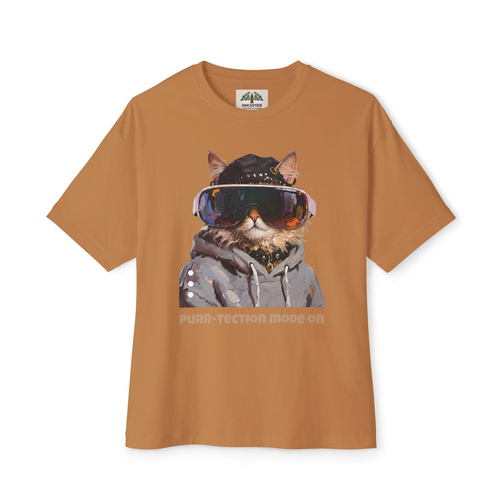 Purr-tection Mode On Oversized Boxy Tee — Unisex Graphic Cat Streetwear T-Shirt