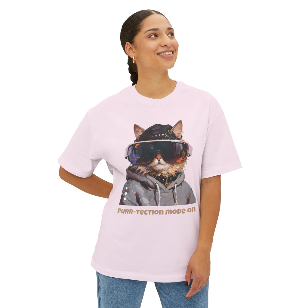 Purr-tection Mode On Oversized Boxy Tee — Unisex Graphic Cat Streetwear T-Shirt