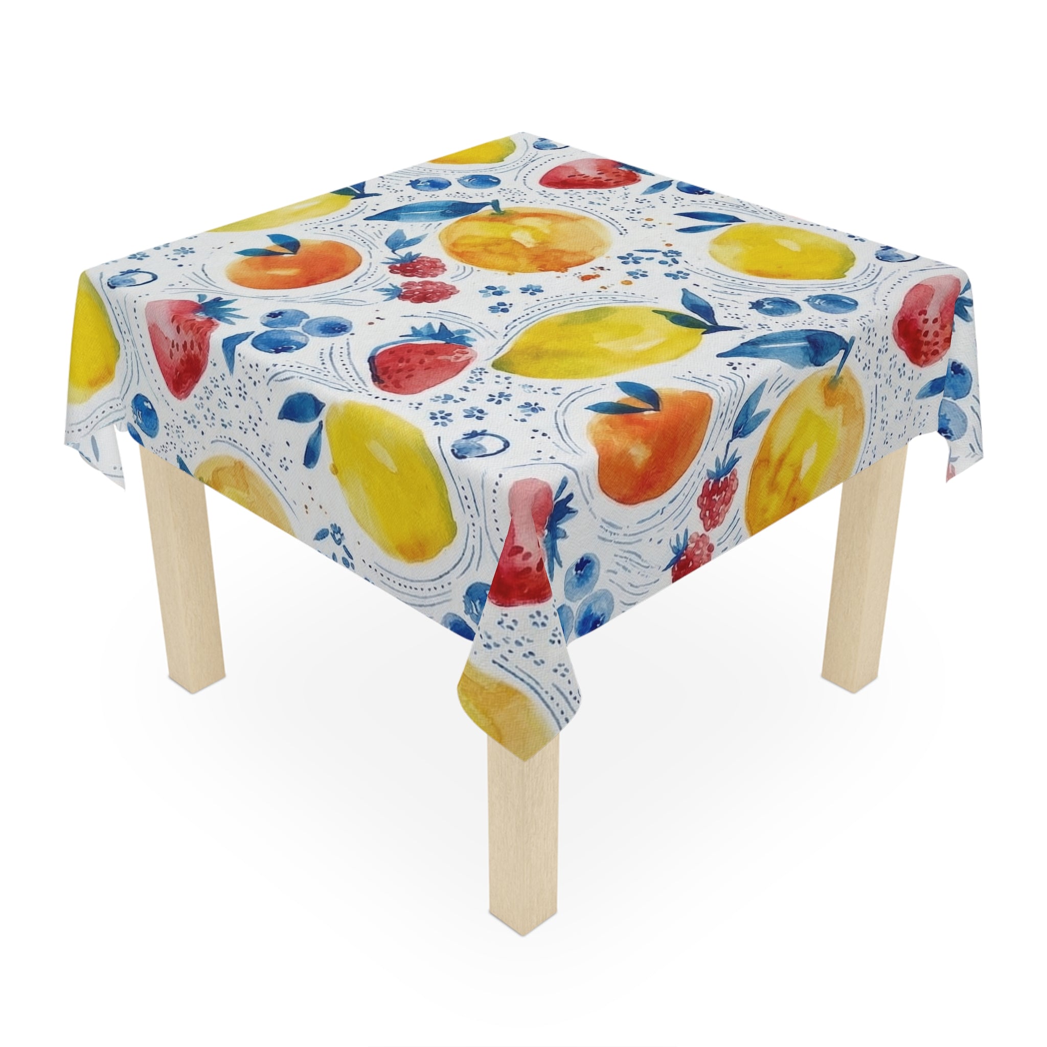 Fruit Watercolor Tablecloth — Bright Lemon Peach Berry Kitchen Dining Linen