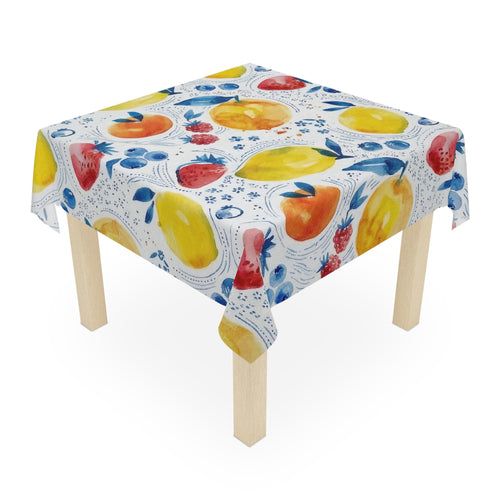 Fruit Watercolor Tablecloth — Bright Lemon Peach Berry Kitchen Dining Linen