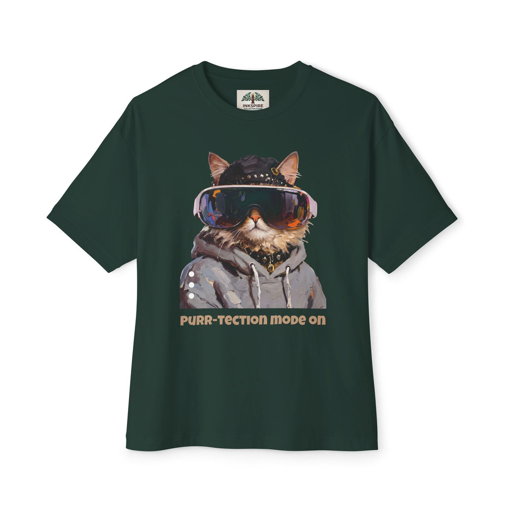Purr-tection Mode On Oversized Boxy Tee — Unisex Graphic Cat Streetwear T-Shirt