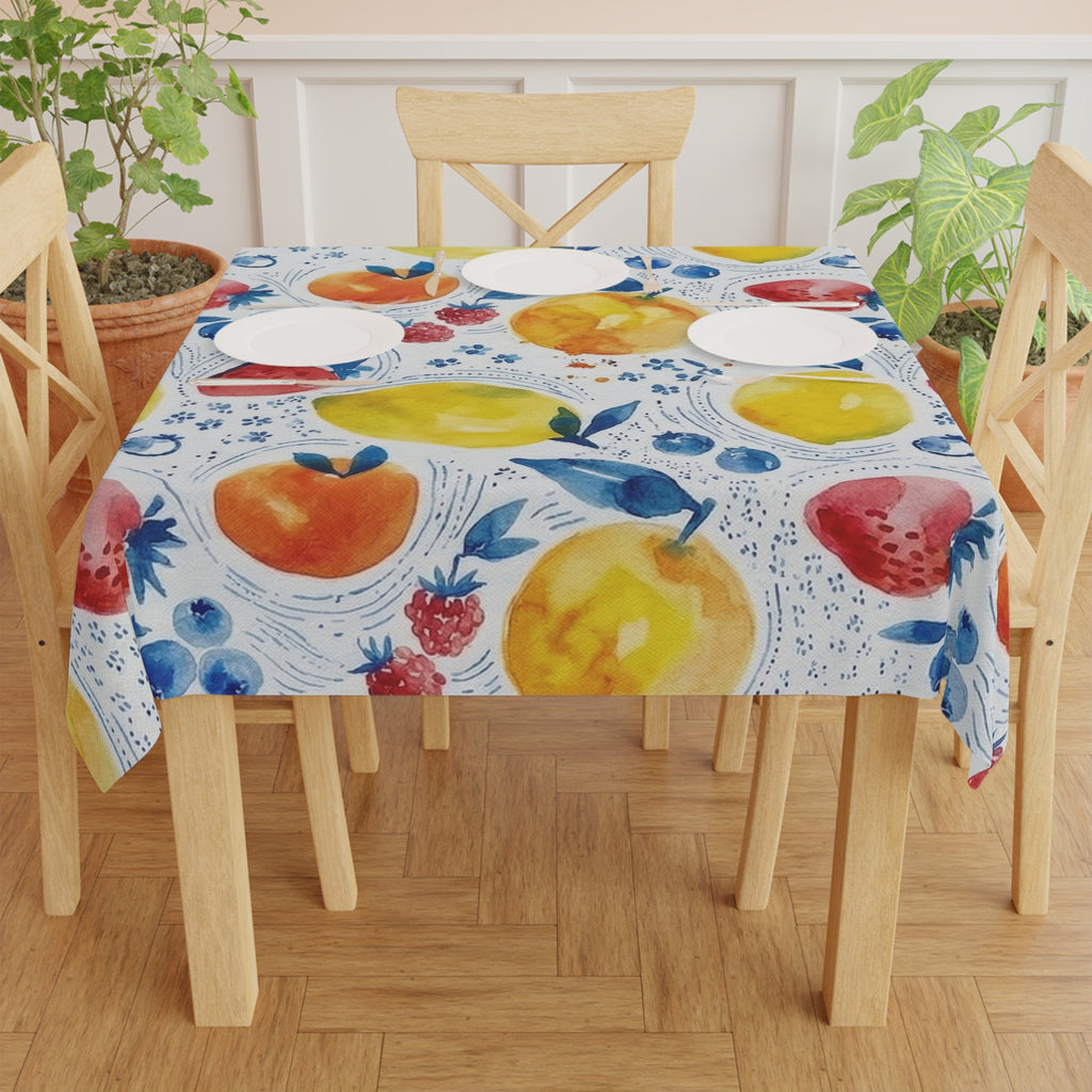 Fruit Watercolor Tablecloth — Bright Lemon Peach Berry Kitchen Dining Linen