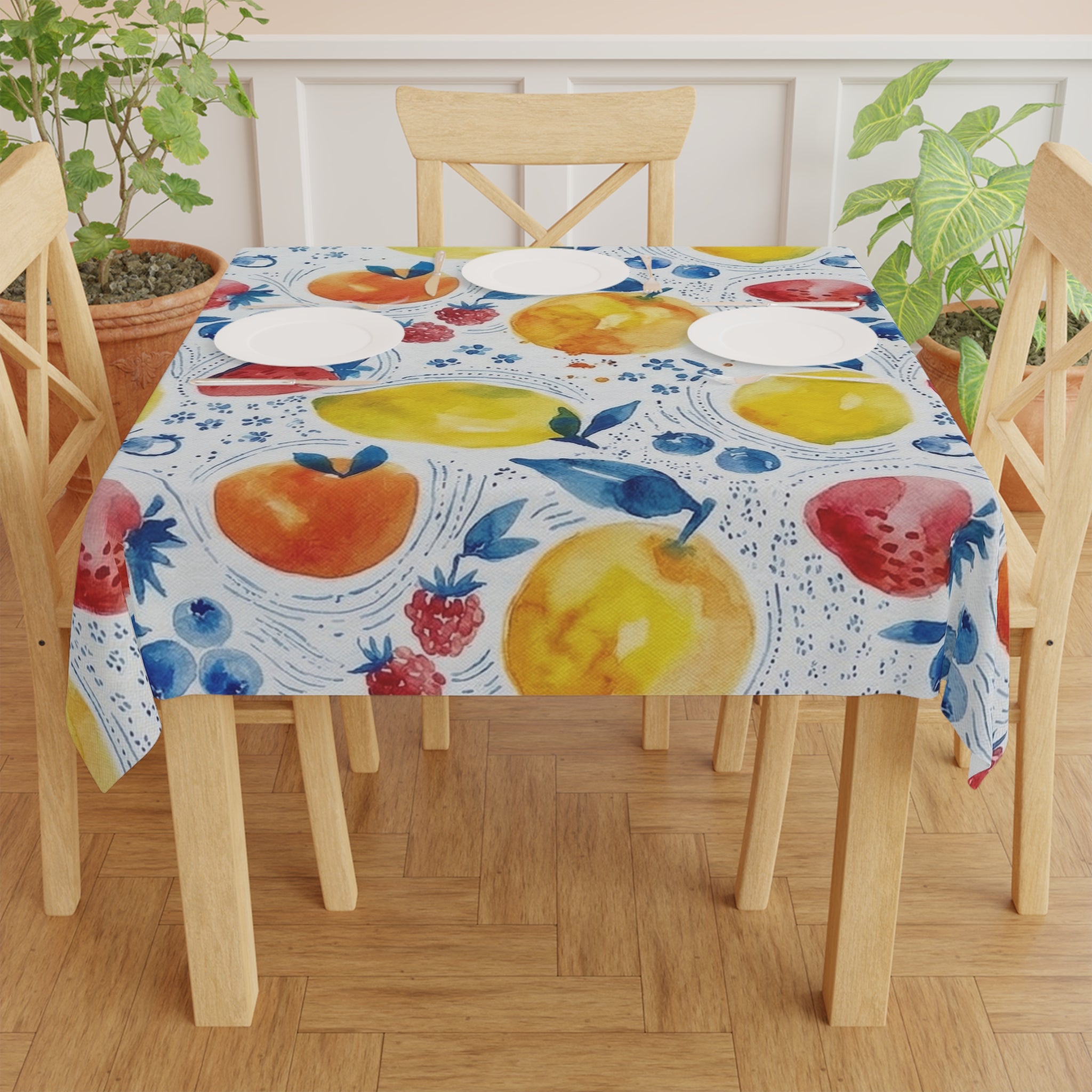 Fruit Watercolor Tablecloth — Bright Lemon Peach Berry Kitchen Dining Linen