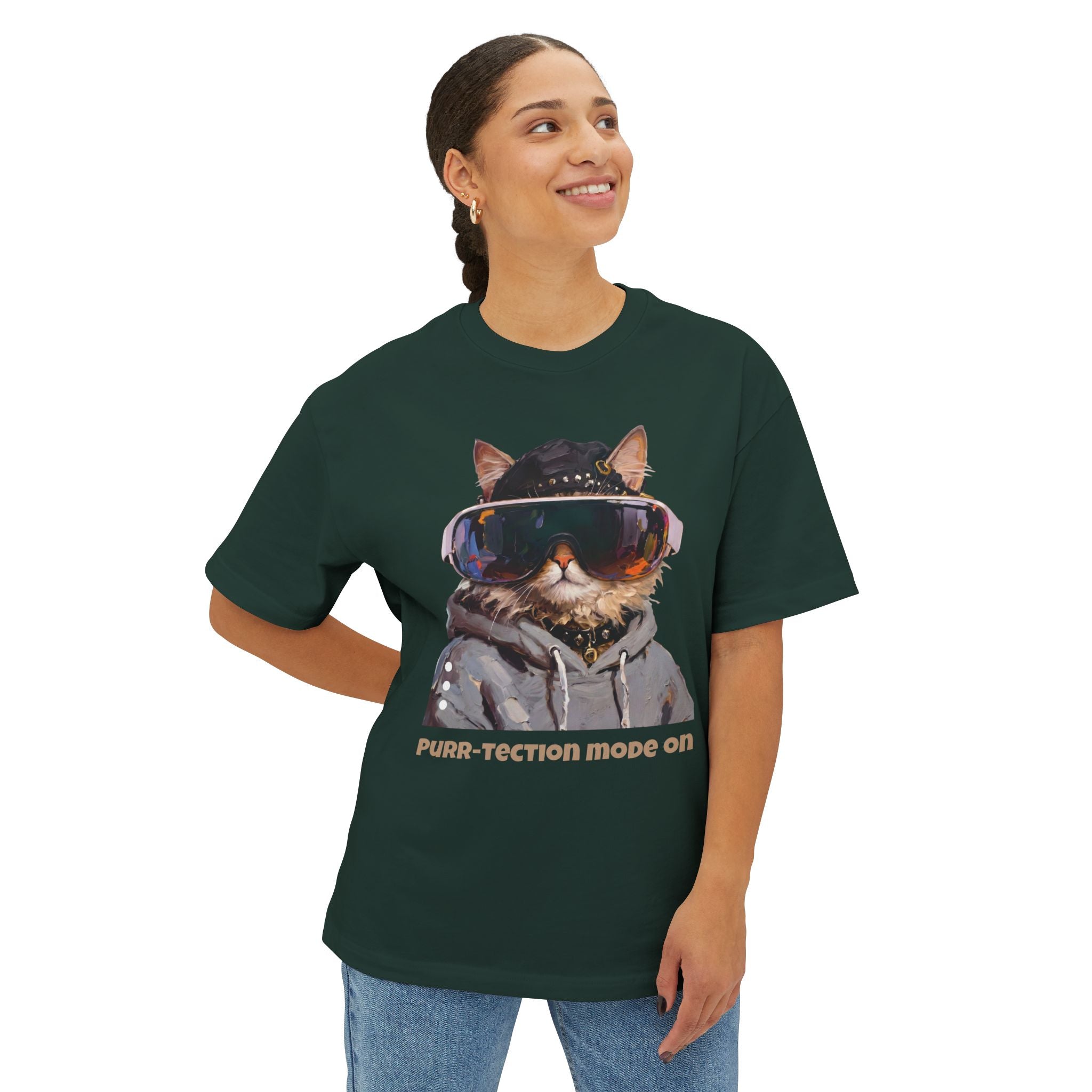 Purr-tection Mode On Oversized Boxy Tee — Unisex Graphic Cat Streetwear T-Shirt