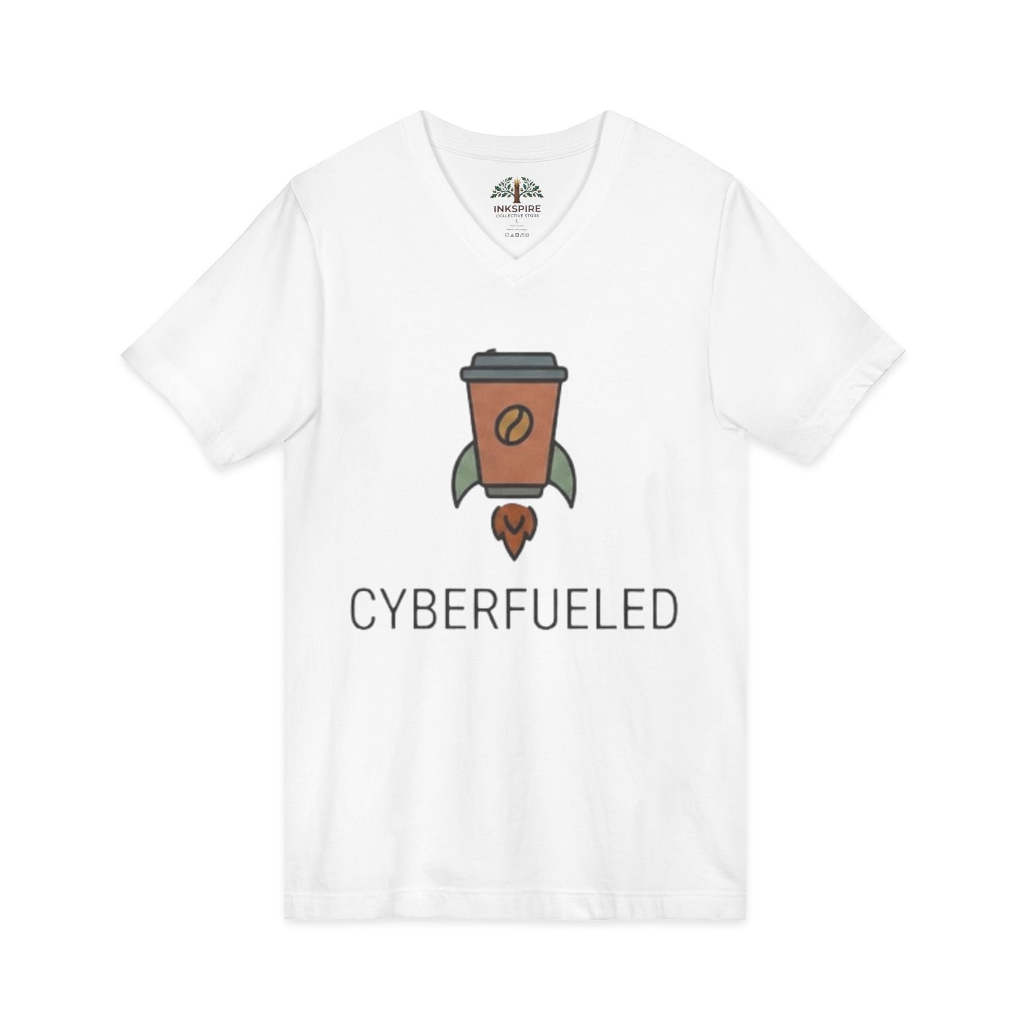 Cyberfueled V-Neck Tee — Coffee Rocket Graphic T-Shirt