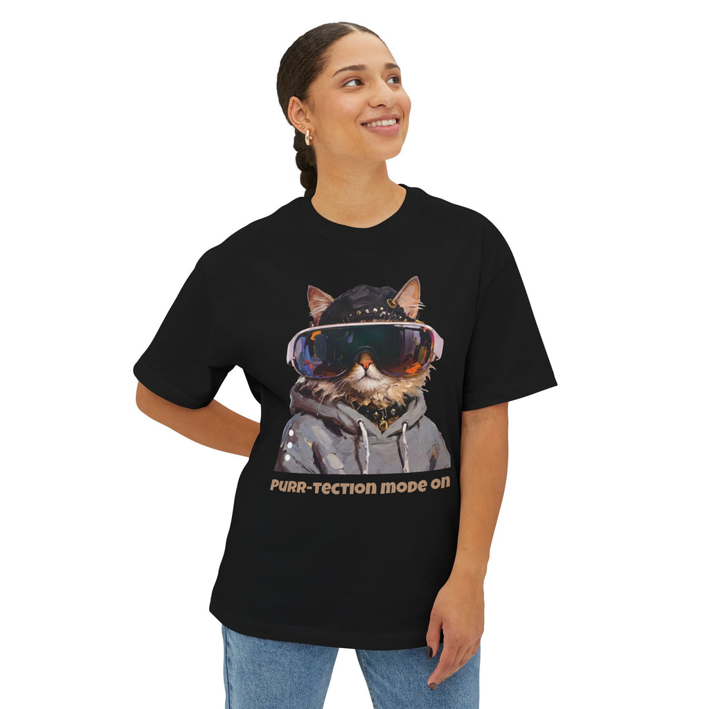 Purr-tection Mode On Oversized Boxy Tee — Unisex Graphic Cat Streetwear T-Shirt
