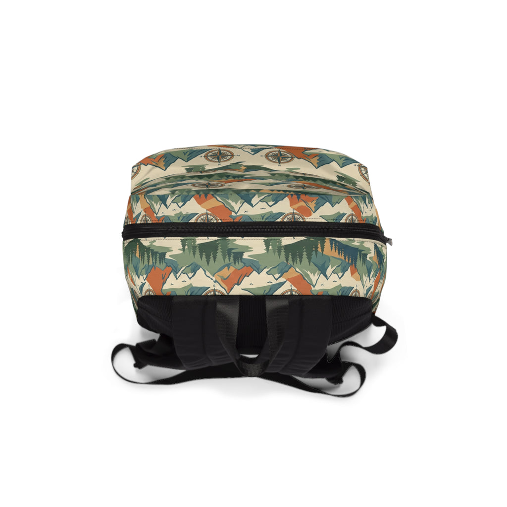 Vintage Mountain Pattern Backpack — Outdoor Compass & Forest Print Daypack