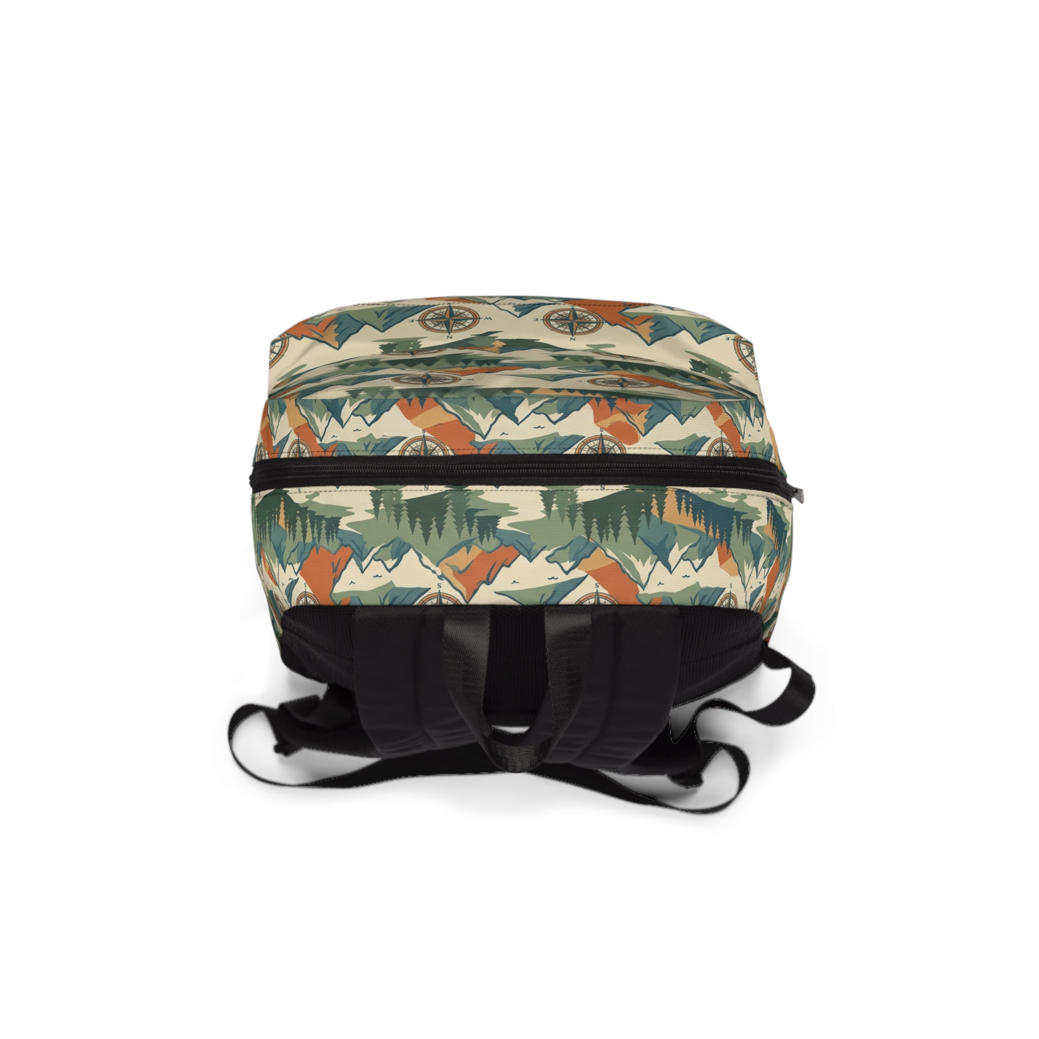 Vintage Mountain Pattern Backpack — Outdoor Compass & Forest Print Daypack