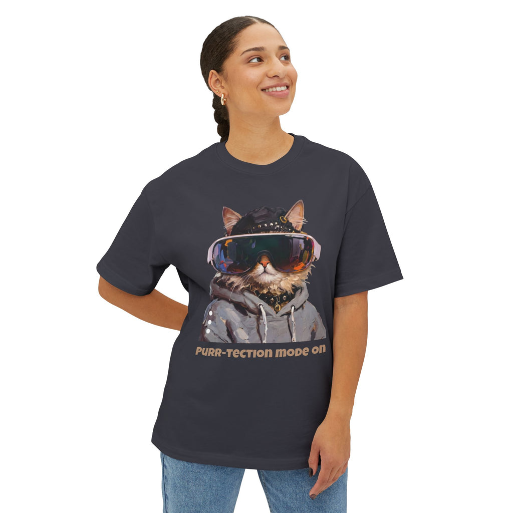 Purr-tection Mode On Oversized Boxy Tee — Unisex Graphic Cat Streetwear T-Shirt