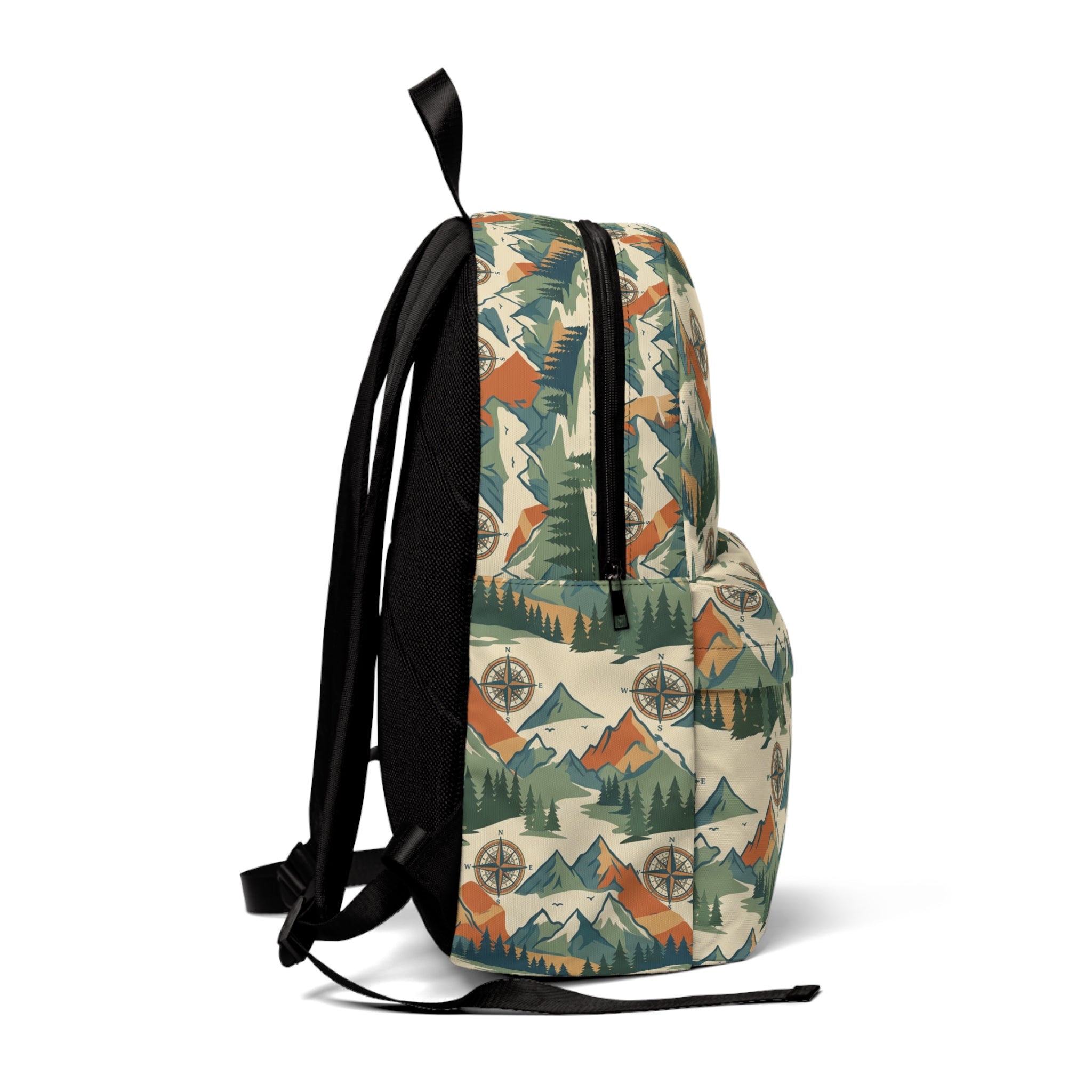 Vintage Mountain Pattern Backpack — Outdoor Compass & Forest Print Daypack