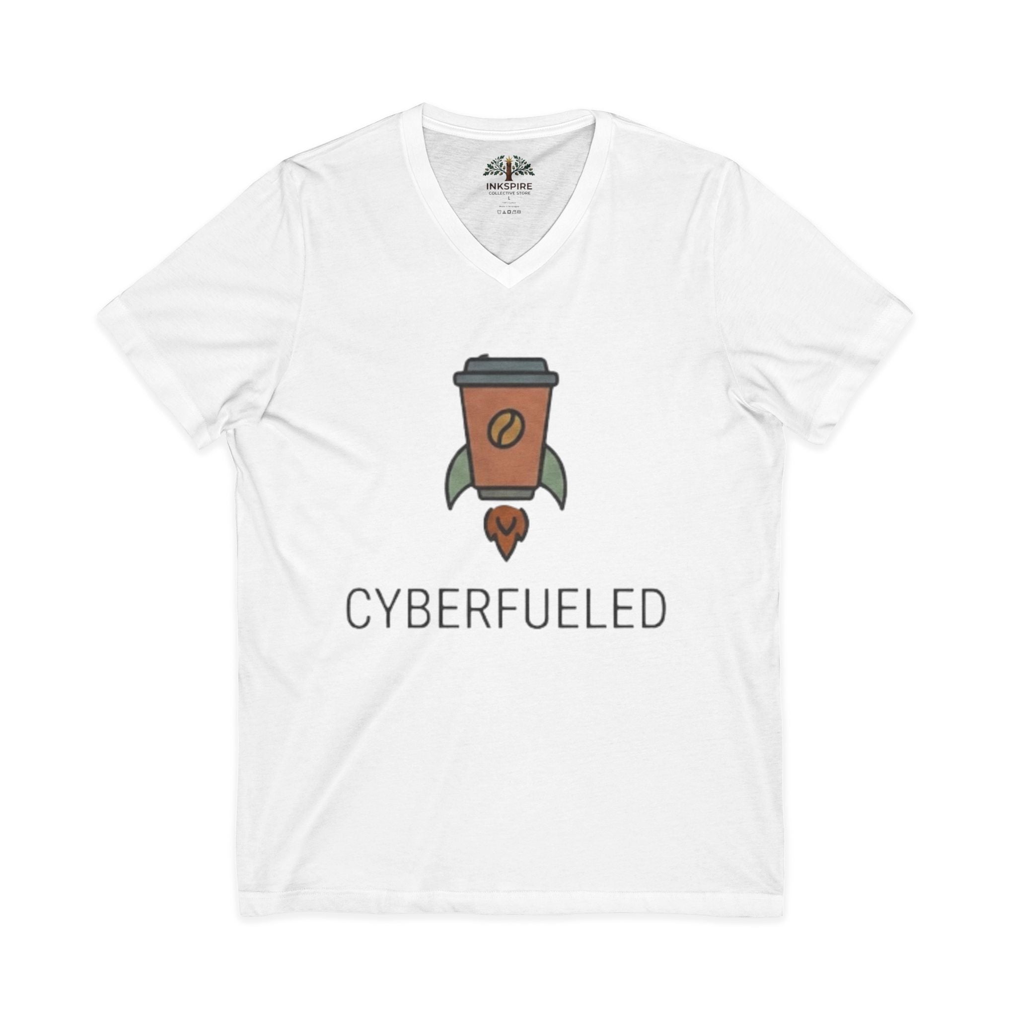 Cyberfueled V-Neck Tee — Coffee Rocket Graphic T-Shirt