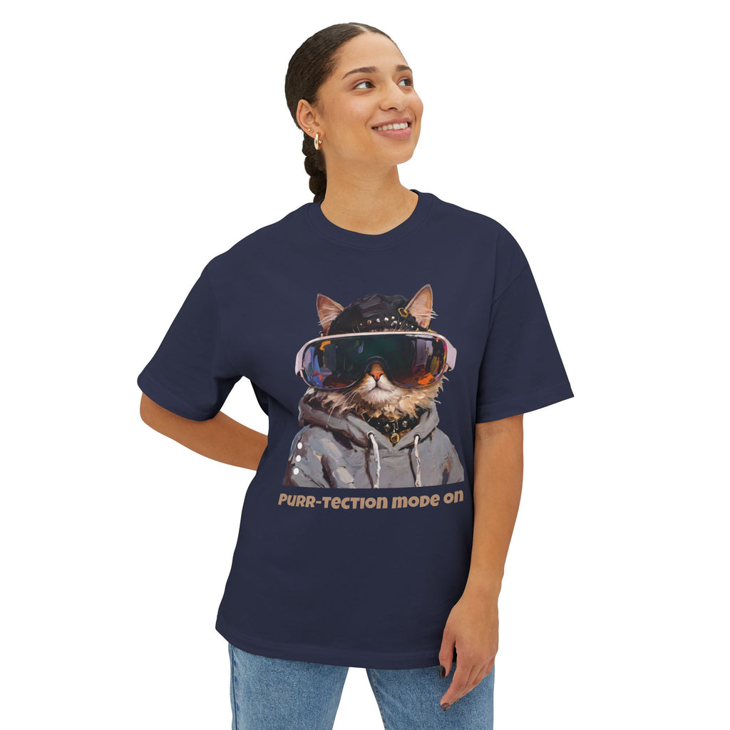 Purr-tection Mode On Oversized Boxy Tee — Unisex Graphic Cat Streetwear T-Shirt