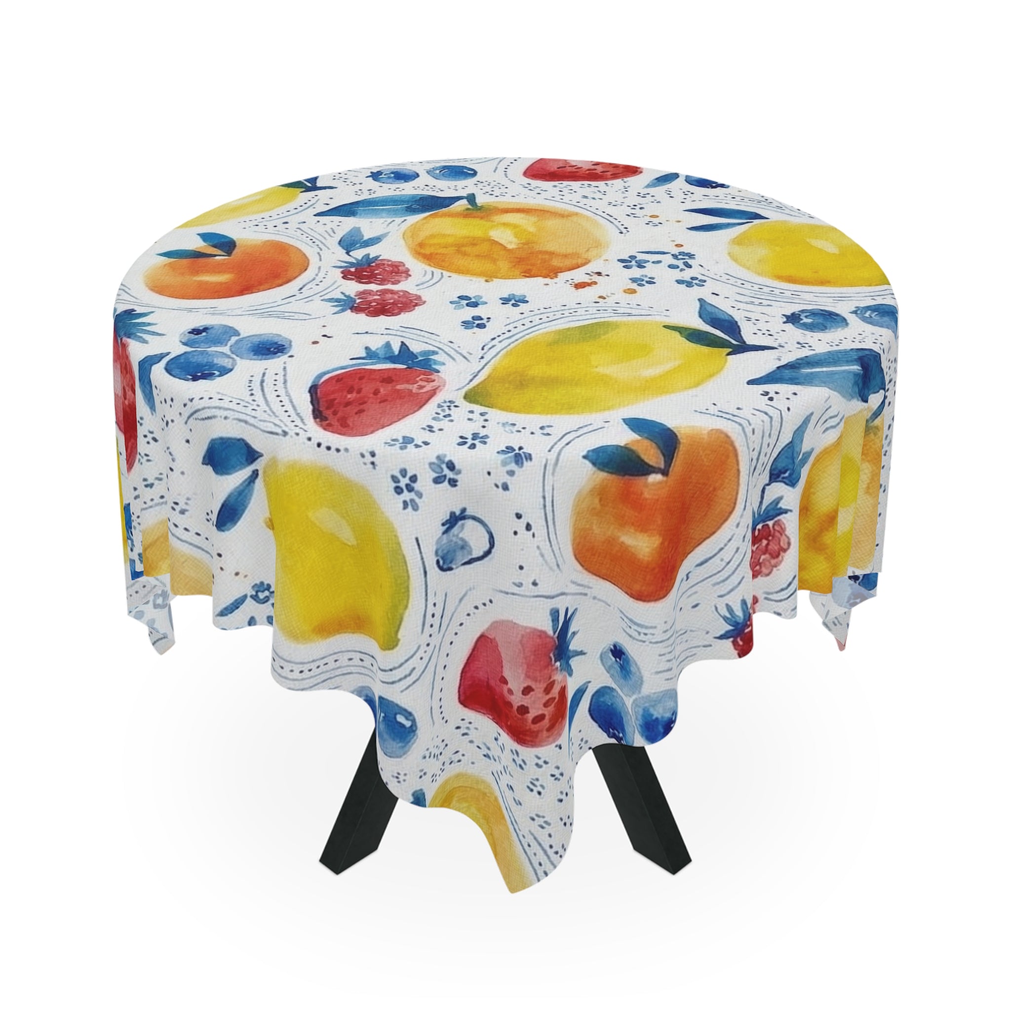 Fruit Watercolor Tablecloth — Bright Lemon Peach Berry Kitchen Dining Linen
