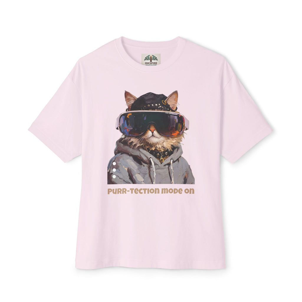 Purr-tection Mode On Oversized Boxy Tee — Unisex Graphic Cat Streetwear T-Shirt