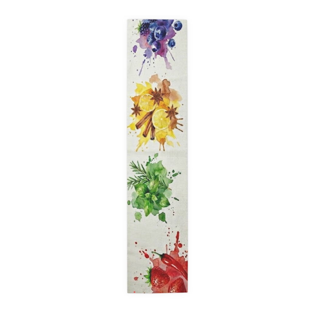 Watercolor Fruit & Herb Table Runner — Strawberry Lemon Basil Kitchen Dining Linen
