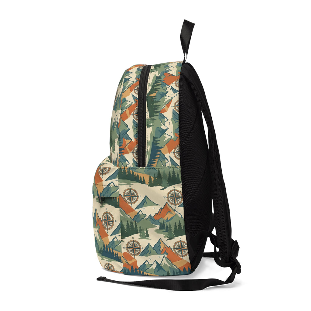 Vintage Mountain Pattern Backpack — Outdoor Compass & Forest Print Daypack