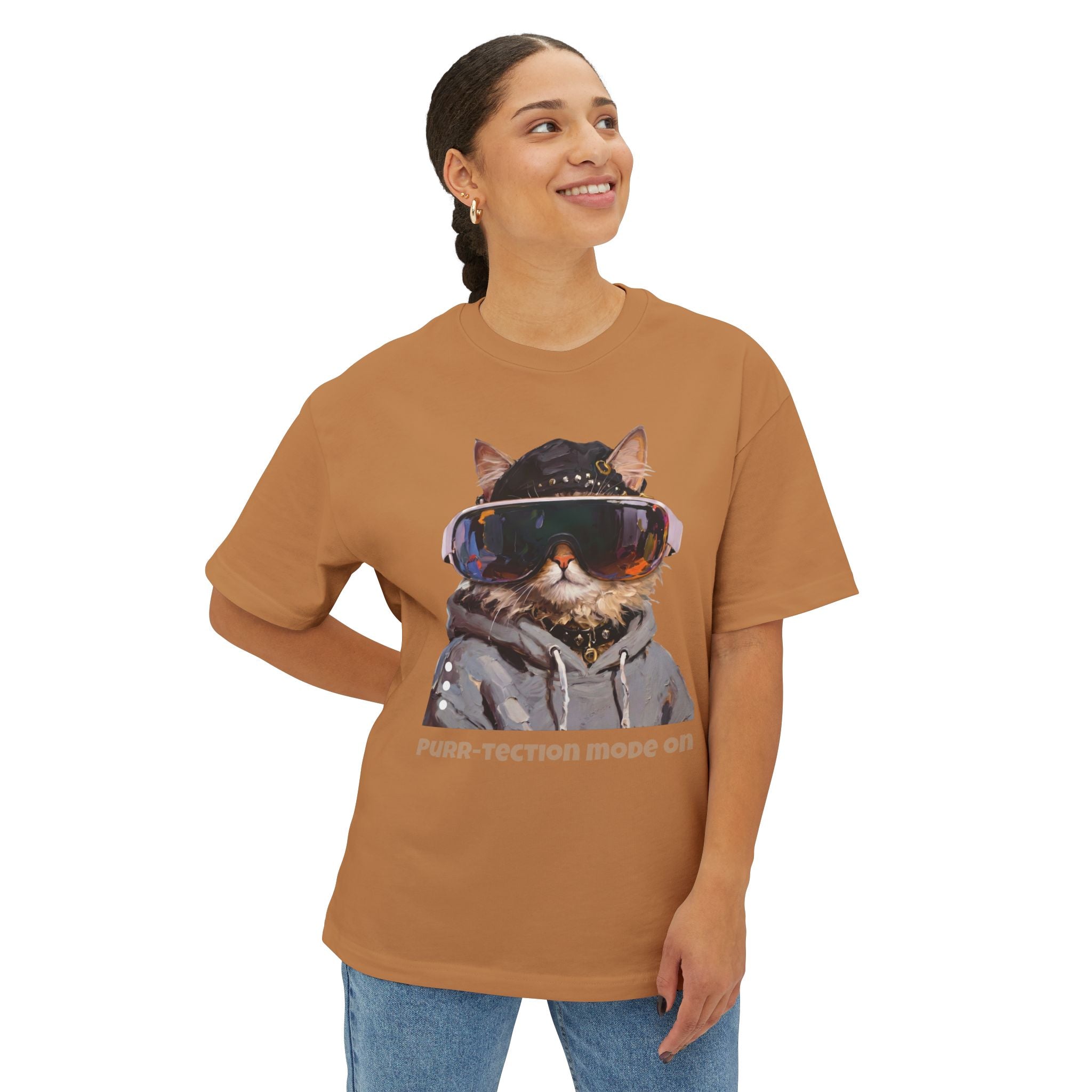 Purr-tection Mode On Oversized Boxy Tee — Unisex Graphic Cat Streetwear T-Shirt