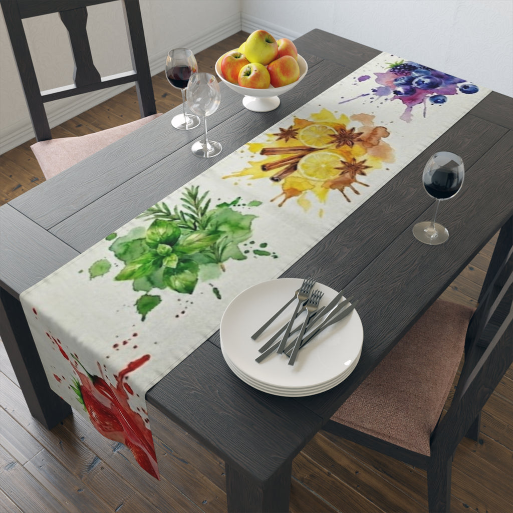 Watercolor Fruit & Herb Table Runner — Strawberry Lemon Basil Kitchen Dining Linen