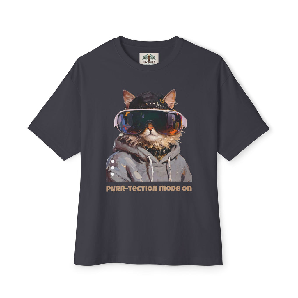 Purr-tection Mode On Oversized Boxy Tee — Unisex Graphic Cat Streetwear T-Shirt