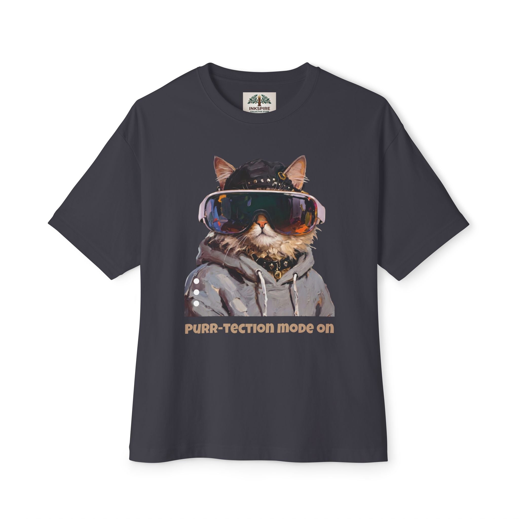 Purr-tection Mode On Oversized Boxy Tee — Unisex Graphic Cat Streetwear T-Shirt