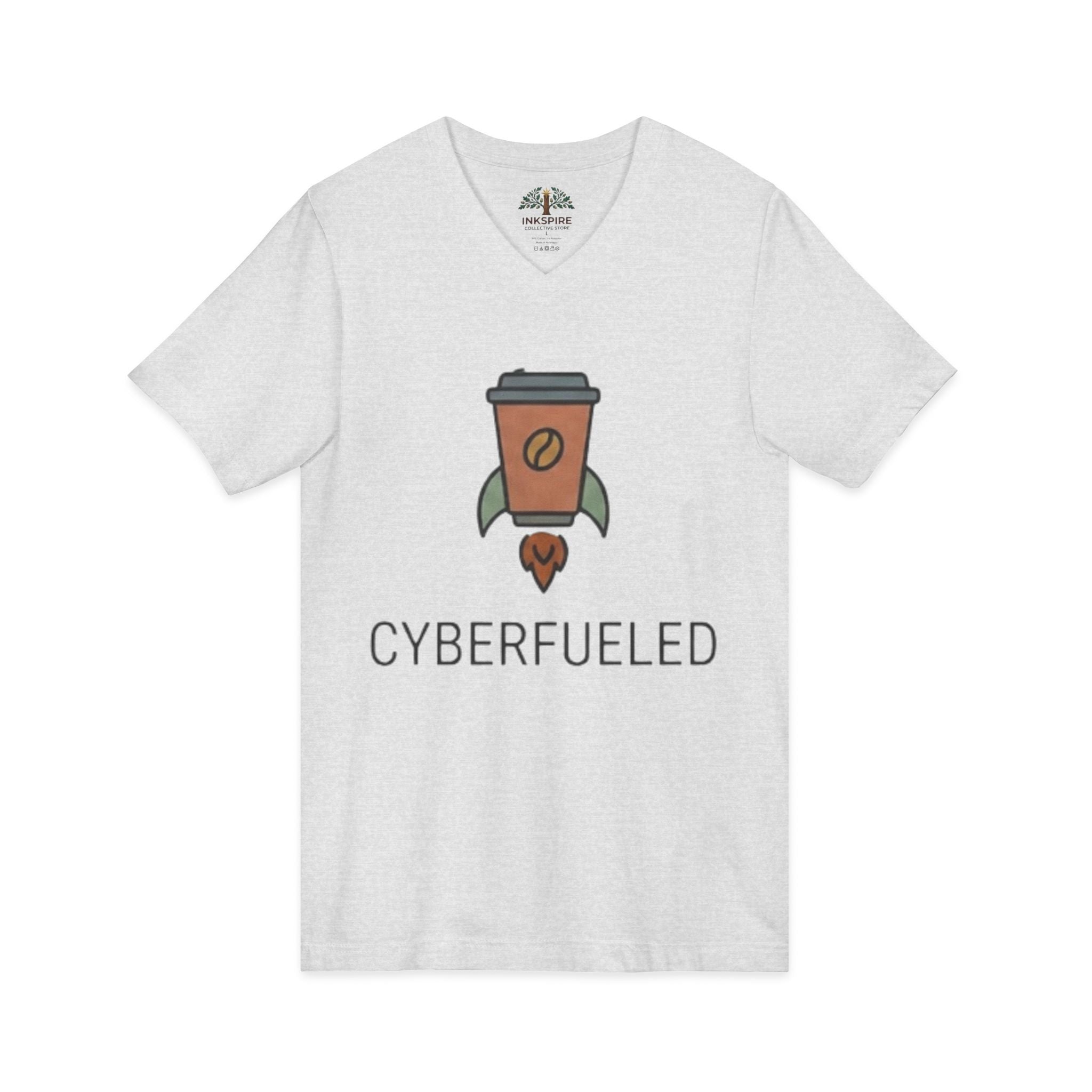 Cyberfueled V-Neck Tee — Coffee Rocket Graphic T-Shirt