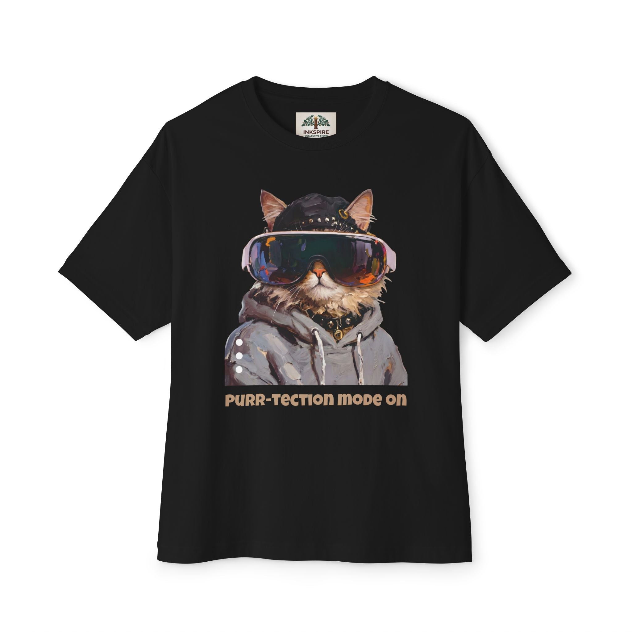 Purr-tection Mode On Oversized Boxy Tee — Unisex Graphic Cat Streetwear T-Shirt