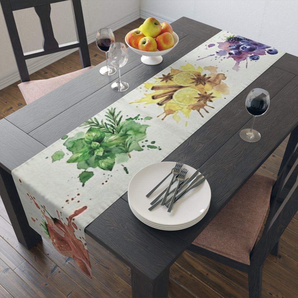 Watercolor Fruit & Herb Table Runner — Strawberry Lemon Basil Kitchen Dining Linen