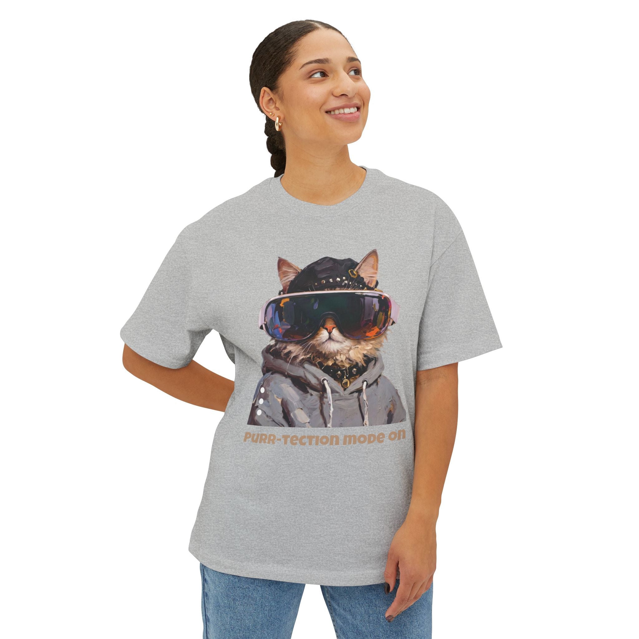 Purr-tection Mode On Oversized Boxy Tee — Unisex Graphic Cat Streetwear T-Shirt
