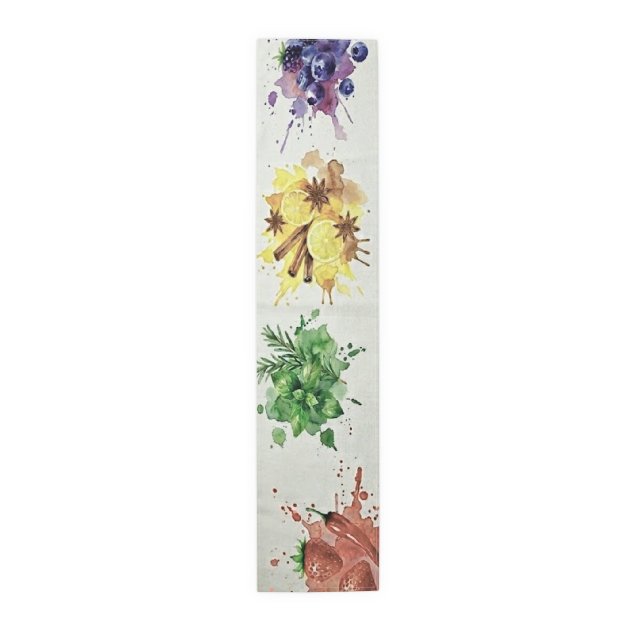 Watercolor Fruit & Herb Table Runner — Strawberry Lemon Basil Kitchen Dining Linen