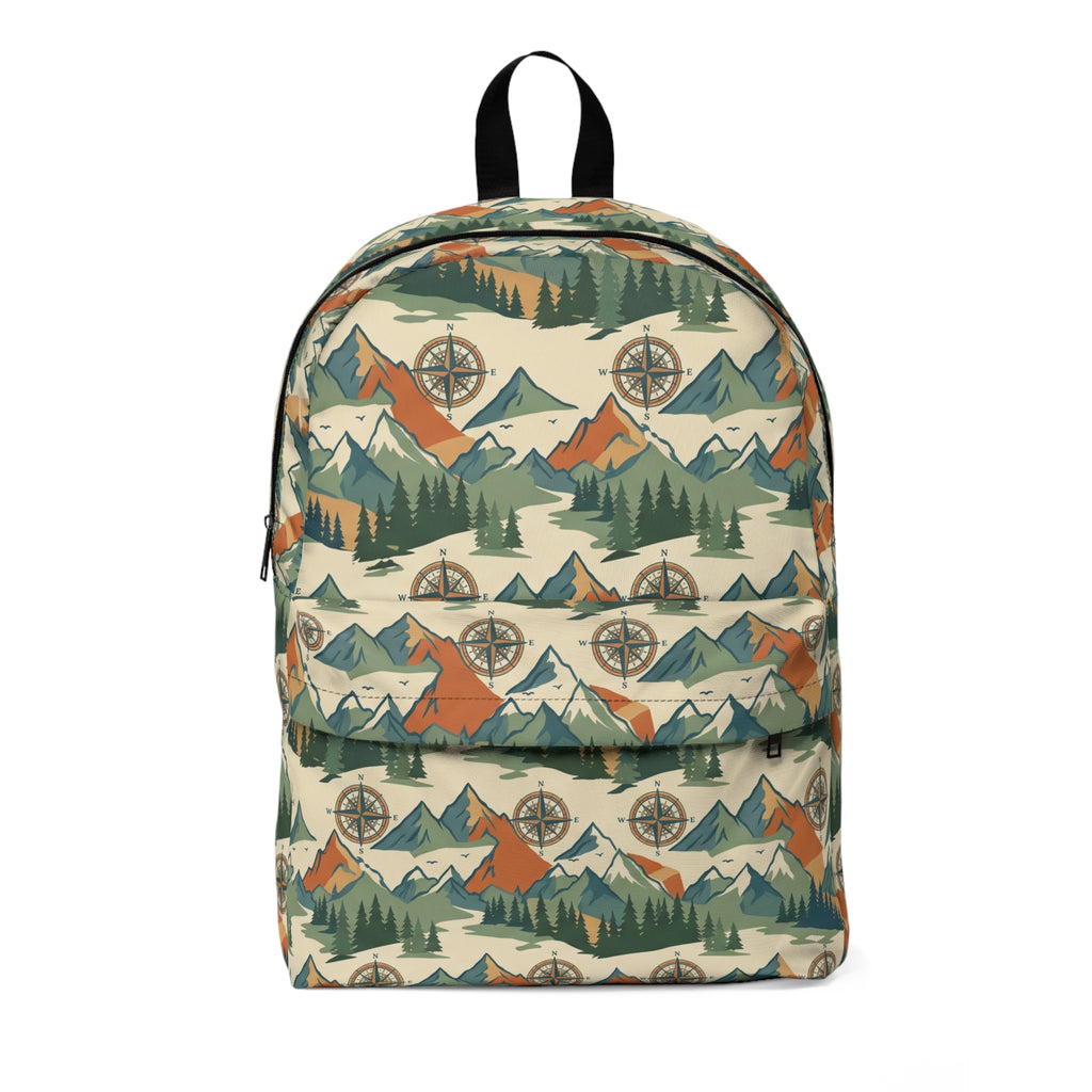 Vintage Mountain Pattern Backpack — Outdoor Compass & Forest Print Daypack