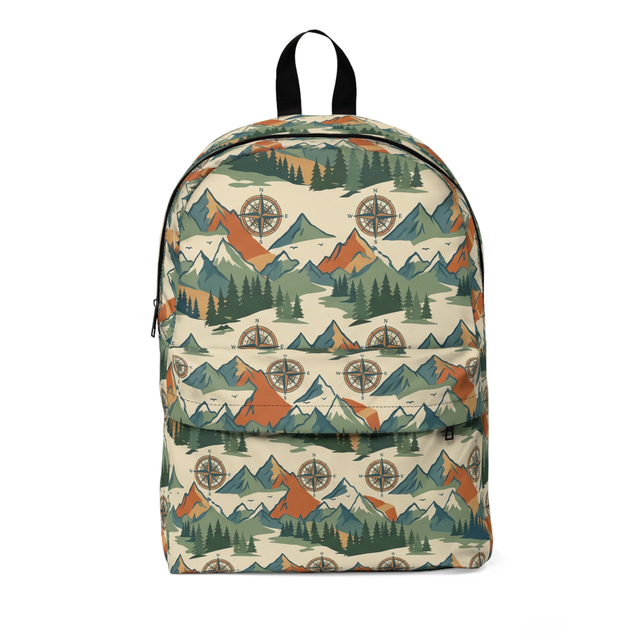 Vintage Mountain Pattern Backpack — Outdoor Compass & Forest Print Daypack