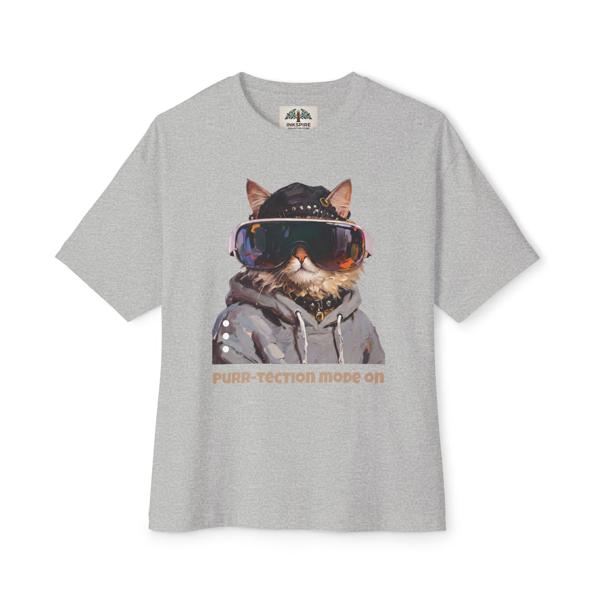 Purr-tection Mode On Oversized Boxy Tee — Unisex Graphic Cat Streetwear T-Shirt