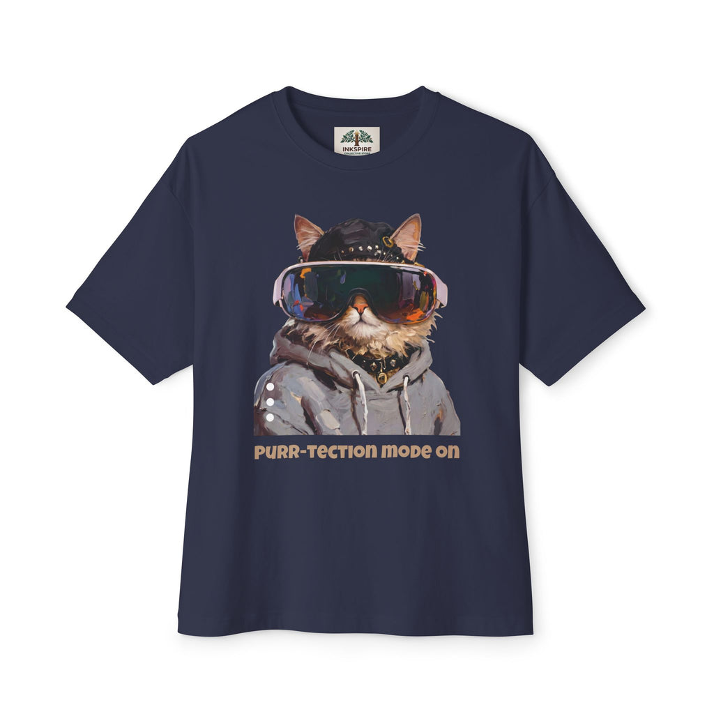 Purr-tection Mode On Oversized Boxy Tee — Unisex Graphic Cat Streetwear T-Shirt