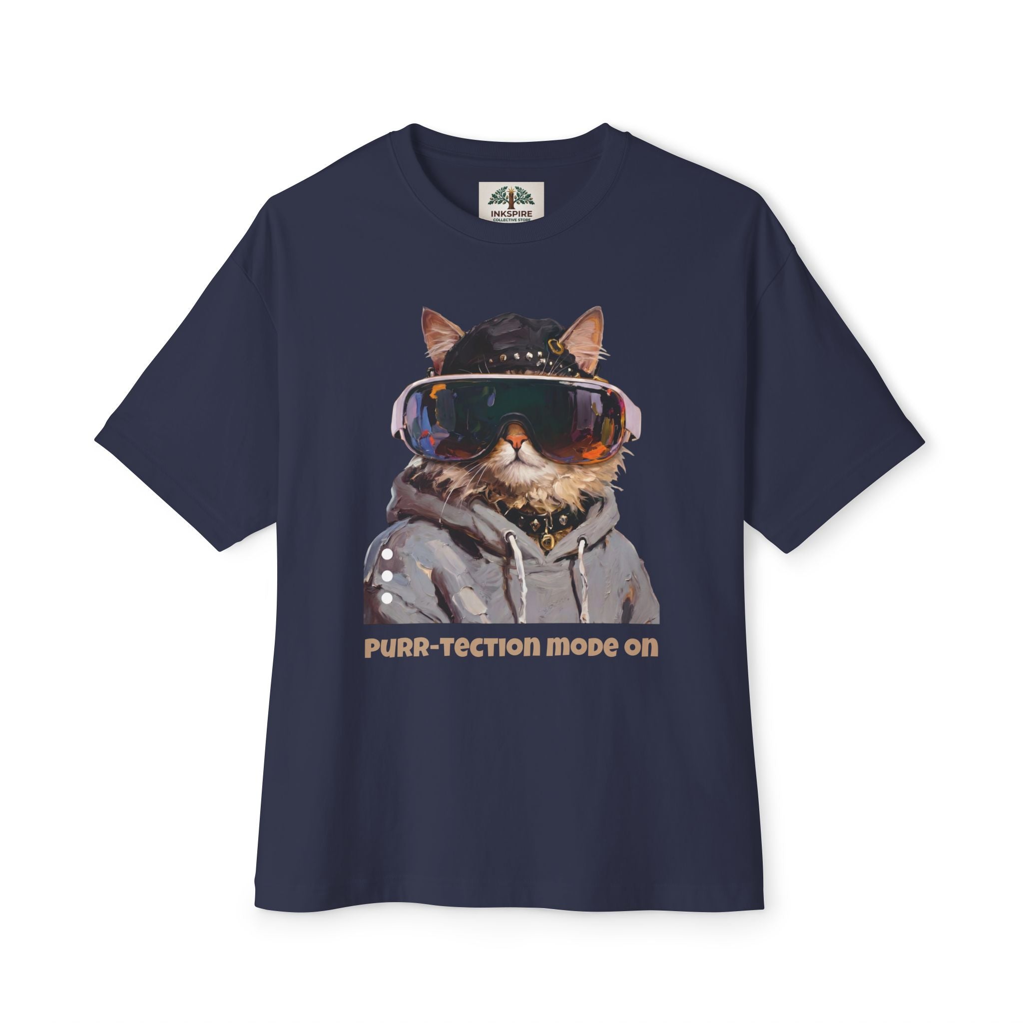 Purr-tection Mode On Oversized Boxy Tee — Unisex Graphic Cat Streetwear T-Shirt