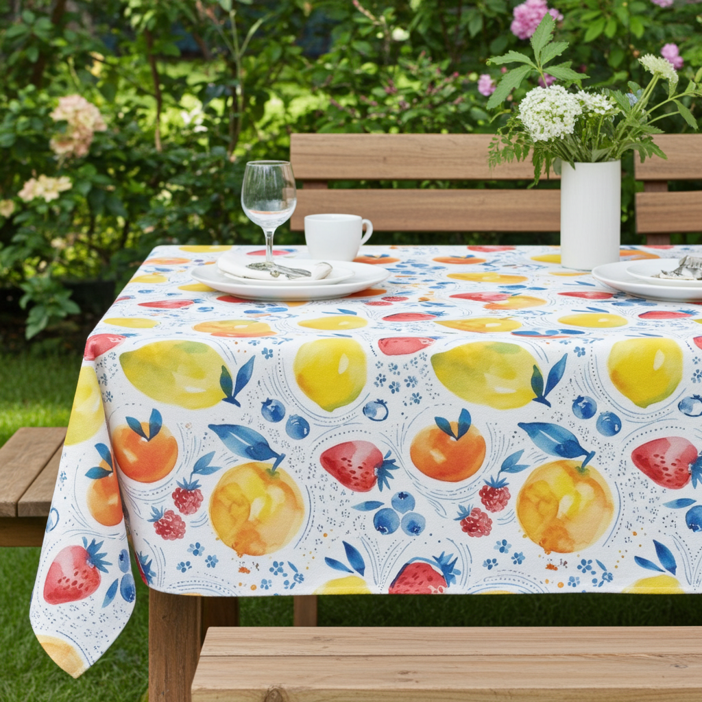 Fruit Watercolor Tablecloth — Bright Lemon Peach Berry Kitchen Dining Linen