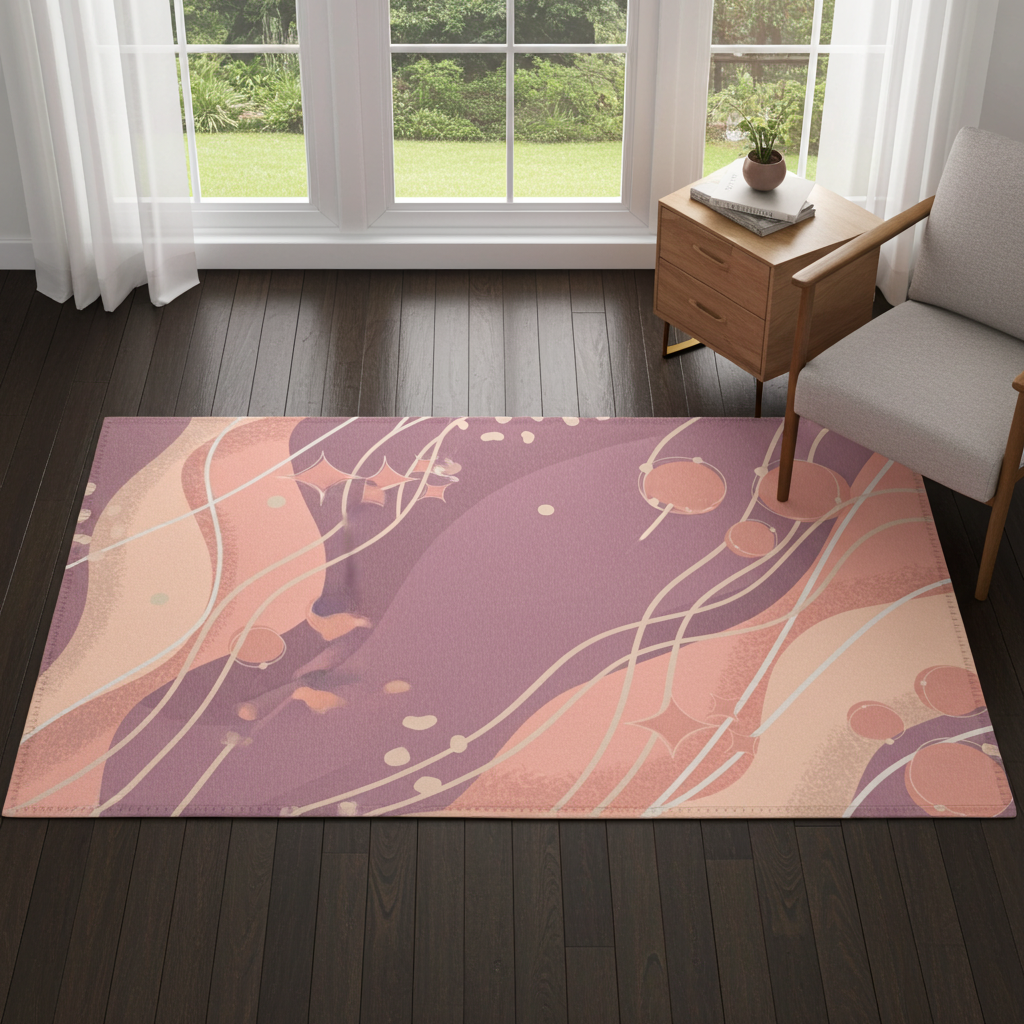 Abstract Peach & Mauve Area Rug — Wavy Organic Pattern for Living Room, Bedroom, Dorm